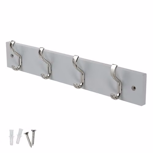 keypak Wall-Mounted Coat Rack with 4 Matt Nickel Hooks on Grey Wood, Width: 38 cm – 1