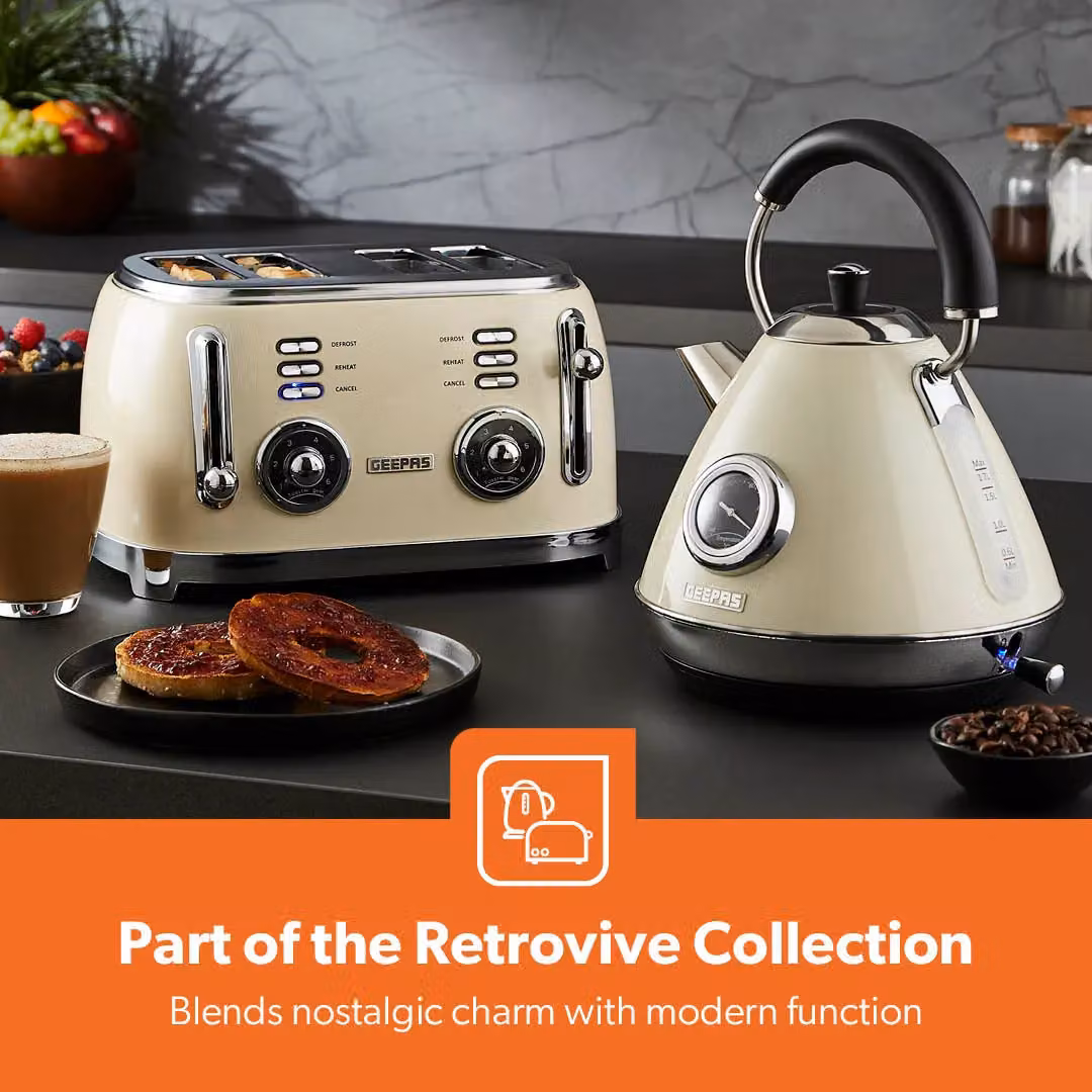 Geepas Retrovive 1.7L Stainless Steel Electric Kettle with Temperature Gauge and Auto Shut-Off in Beige – 5
