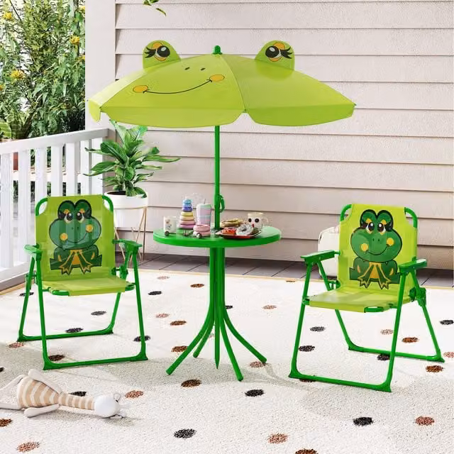 Costway Green Kids Picnic Table and Chair Set with Round Plastic Table and Metal Legs
