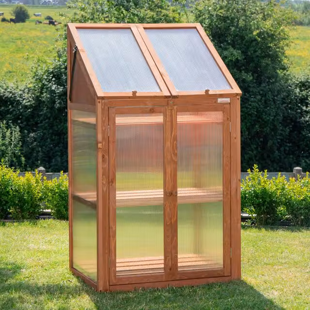 Samuel Alexander Brown Wooden Mini Greenhouse Cold Frame with Polycarbonate Shelving, H120 x W69 x D49 cm