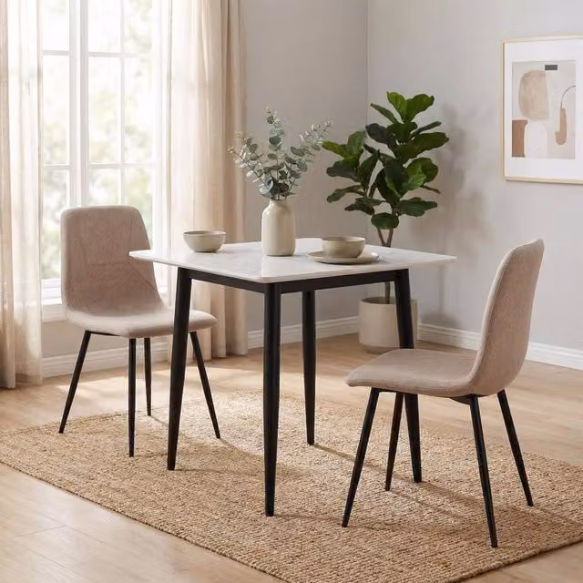 FWStyle 3-Piece Modern Square Dining Set with Ceramic Marble Effect Table and Chairs – 1