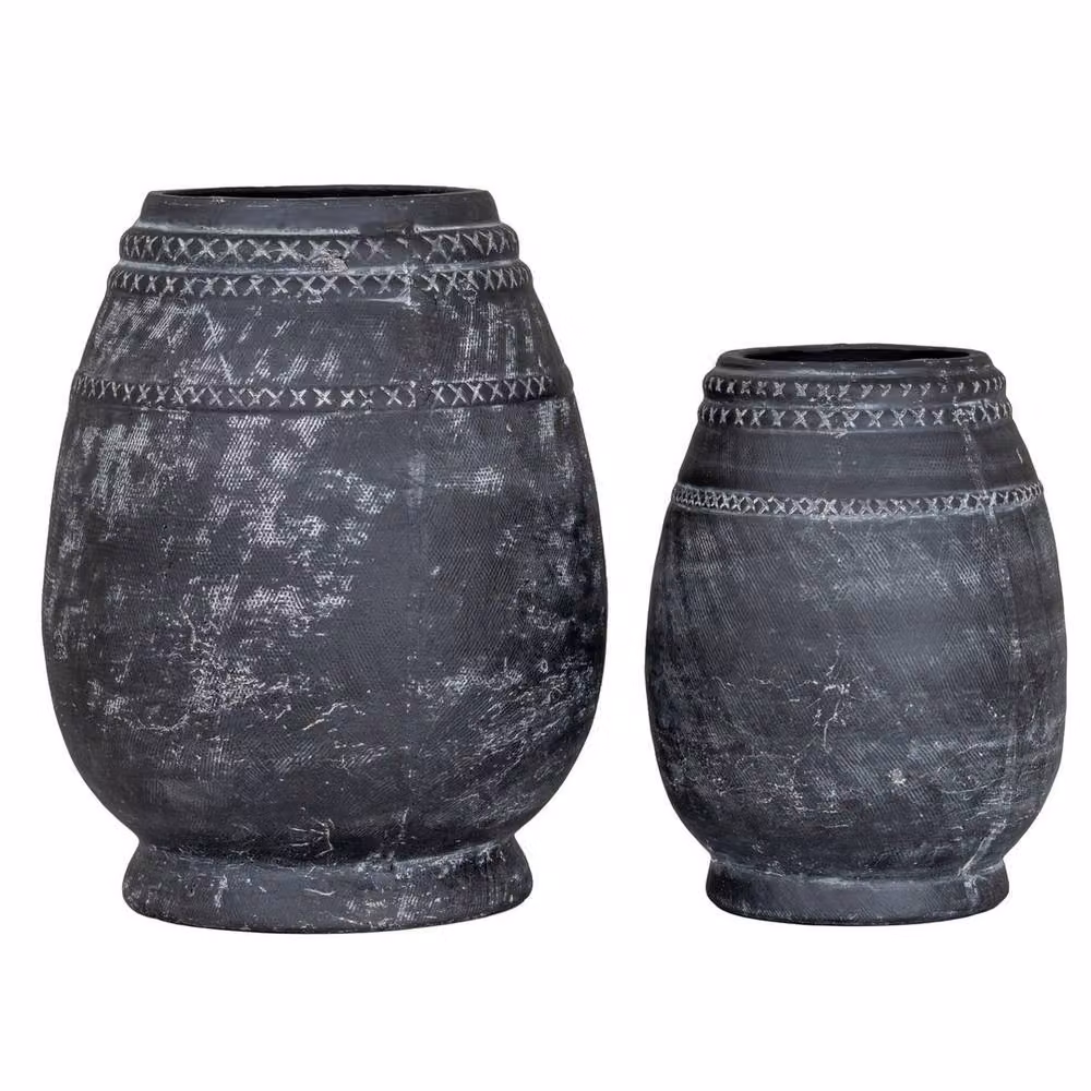 Lemon Pavilion Furniture and Decor Etched Collection Ceramic Vase, Black, W: 19 cm, D: 19 cm, H: 25 cm – 2