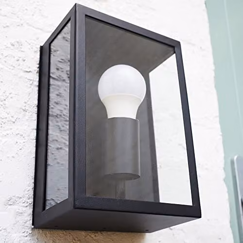MiniSun Modern Black and Transparent Glass IP44 Rated Outdoor Wall Lantern with E27 LED Bulb, W/D/H: 10.5 x 16.5 x 24.3 cm – 5
