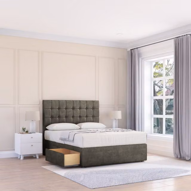 Sloomy Alabama Divan Bed Base with 2 Drawers and 26 inch Struts Headboard in Light Grey, W/D/H: 90 x 200 cm