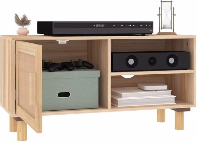 Berkfield Home TV Cabinet in Brown and Light Tan, Solid Pine Wood with Natural Rattan, W/D/H: 80 x 30 x 40 cm