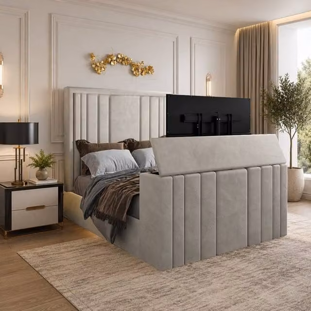 KDMD Ashburnham Upholstered Soft Velvet Bespoke Bed Frame in Light Sand, Size: Double (W/D/H: 140 x 200 cm) – 1
