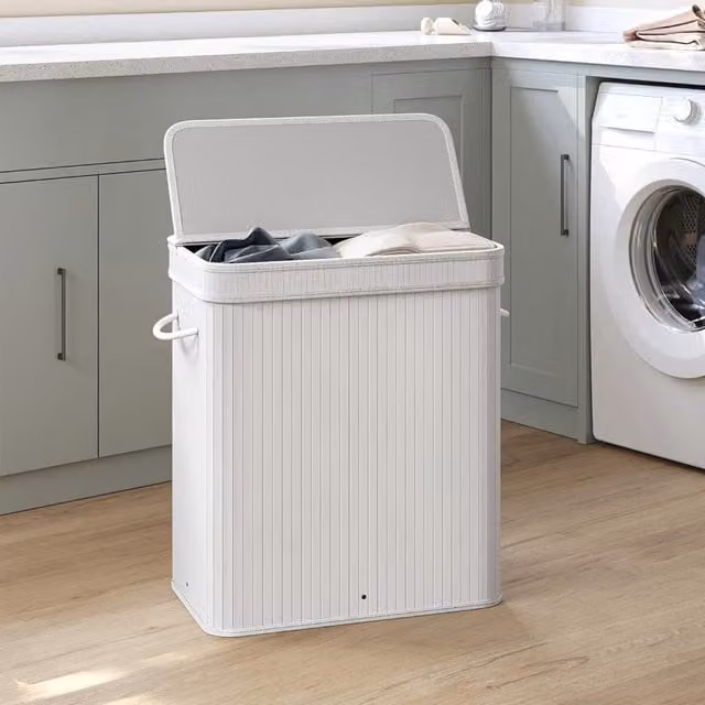 The Bazaarist White Bamboo Laundry Clothes Basket with Lid, Handles and Removable Cotton Bag