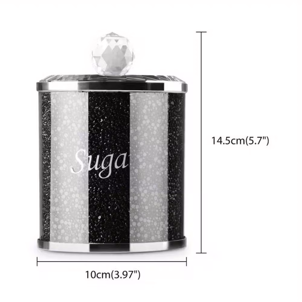 Smartbies Luxury Crystal Tea, Coffee and Sugar Canister Set in Black and Silver with Airtight Glass Lids – 8