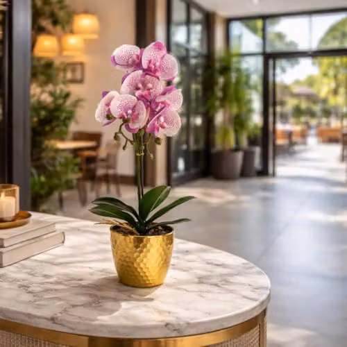 Leaf Design UK 50cm Phalaenopsis Artificial Orchid in a Pink Gold Pot with Purple and White Flowers – 2