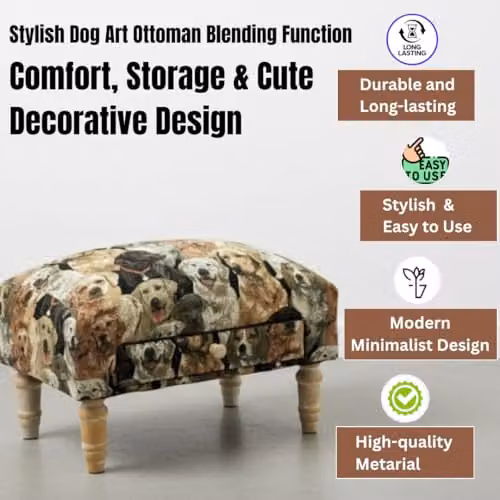 AcaciaHome Deluxe Upholstered Ottoman Footstool with Drawer in Dog Art Fabric Multicolour – 3