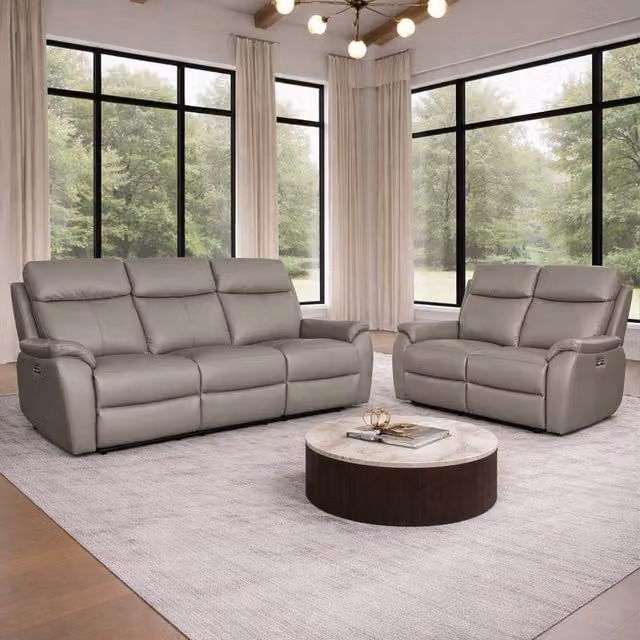 Aspire Kingsmere 3 + 2 Power Recliner Sofa Set in Grey Real Leather