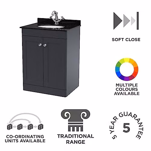 nuie Classique Floor Standing 2 Door Bathroom Vanity Unit with Marble Worktop and Round Basin, Soft Black, W/D/H: 62.0 x 47.0 x 87.8 cm – 2