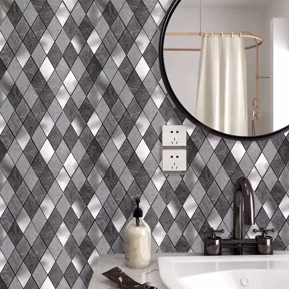 ENER-J Silver Slate Diamond Peel & Stick Aluminium Wall Tiles, 4 Pack, W/D/H: 29.5 x 29.5 x 0.35 cm – 4