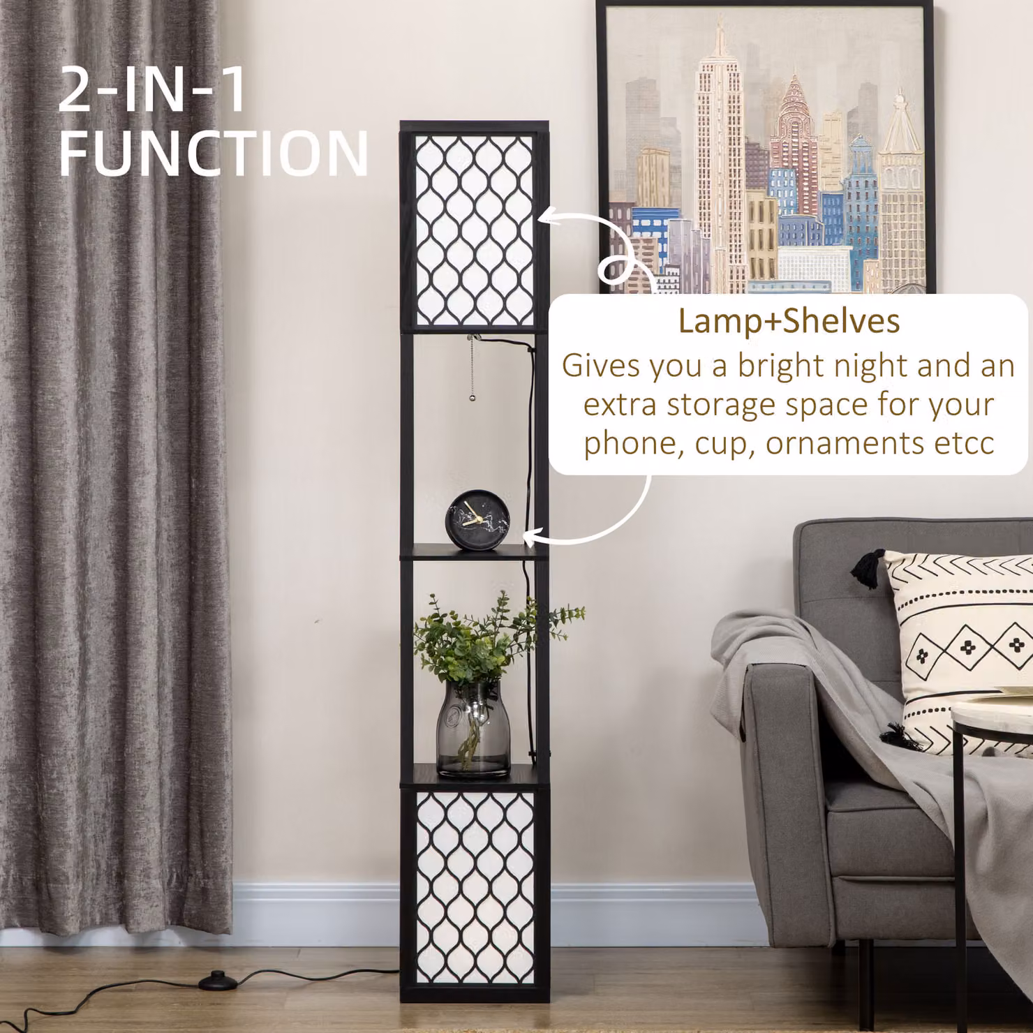 HOMCOM Modern Tall Floor Lamp with Shelves and Dual Light, Black – 4