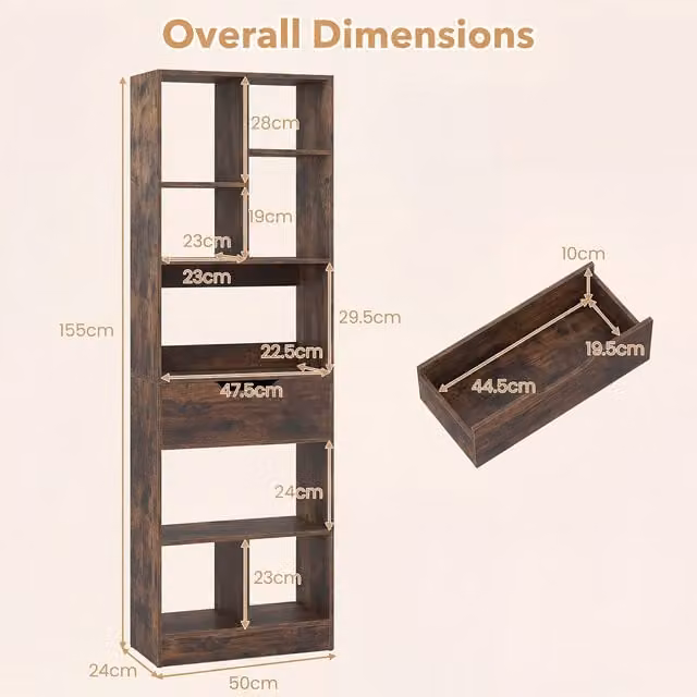 Costway Tall Freestanding Bookshelf with Drawer and Open Cubes in Brown