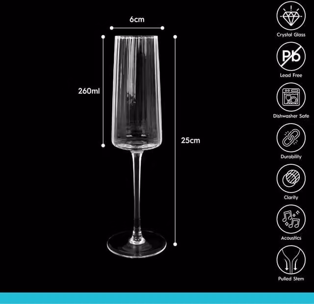 Argon Tableware Lead-Free Crystal Champagne Flutes, Clear, 260ml, Pack of 24