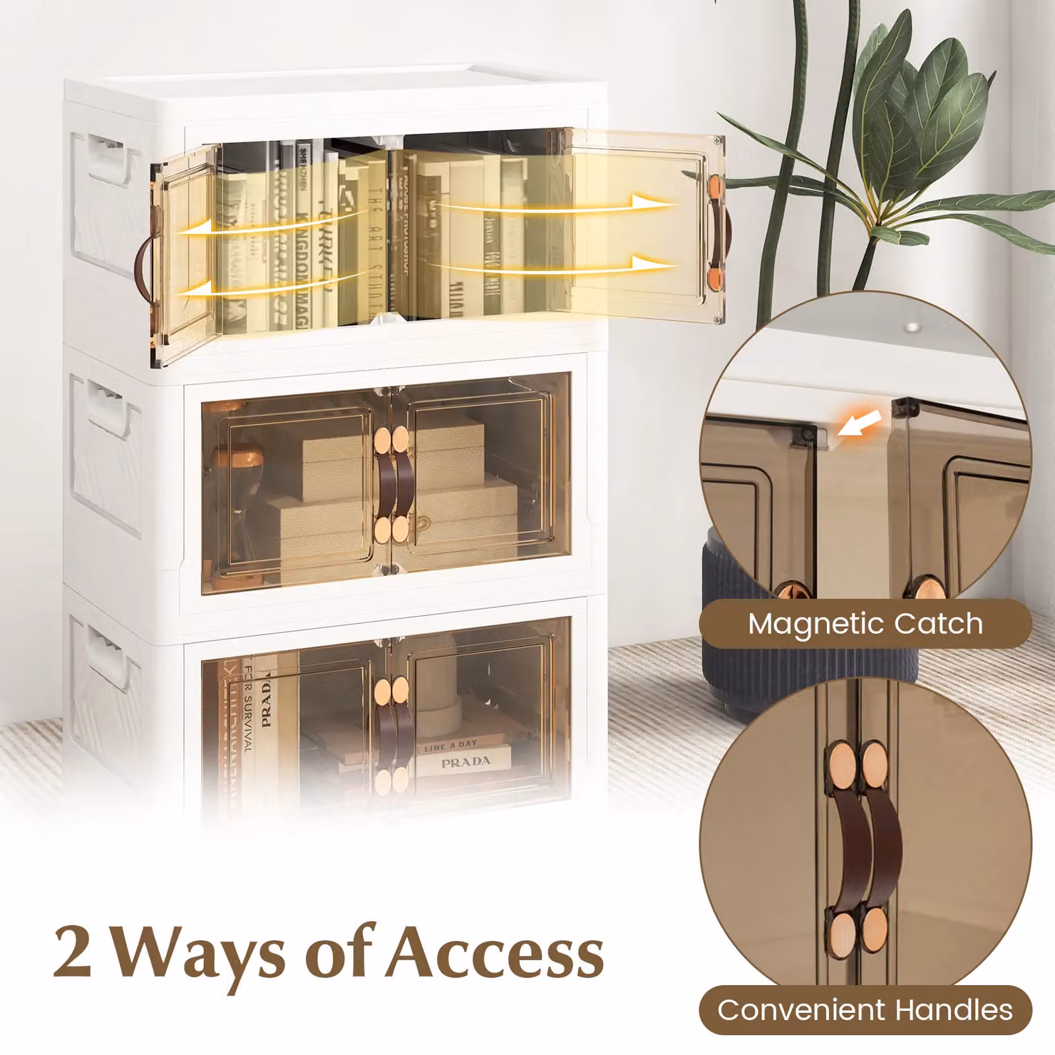 Costway Stackable Folding PP Storage Cabinet with Lockable Wheels, 3 Pack, White – 3