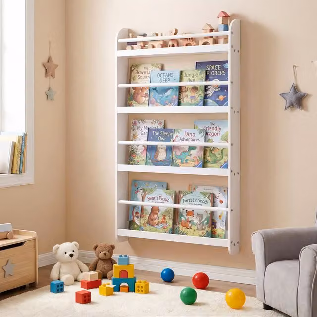 COSTWAY 4-Tier Wall Mounted White Wooden Kids Bookshelf