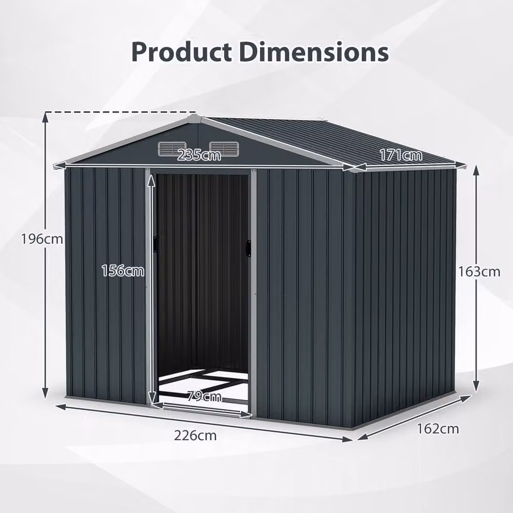Gymax Large Outdoor Storage Shed and Utility Tool House with Sloping Top, Grey, W/D/H: 226 x 162 x 196 cm – 2