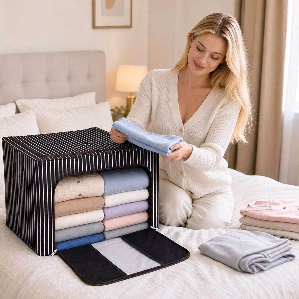 FLAVORA Set of 2 Black Folding Storage Boxes, 100L Each, Made of Fabric and Metal – 5