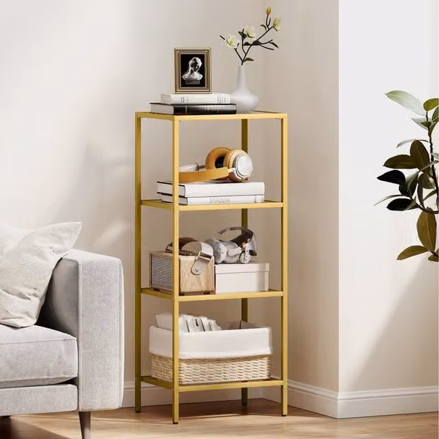 HOMCOM 4-Tier Modern Glass Bookshelf in Gold Tone