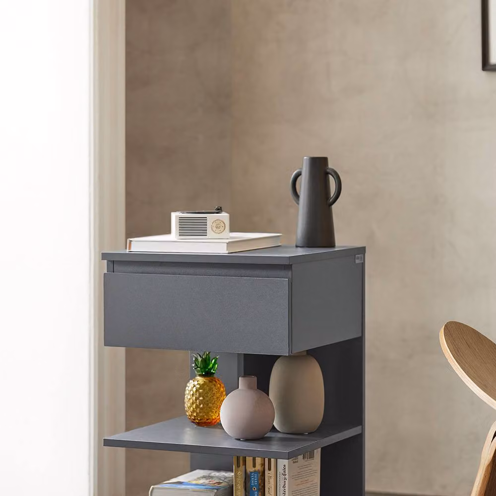 SoBuy Set of 2 Modern Nightstands with 1 Drawer and 2 Shelves, Dark Grey, H: 65 cm – 4