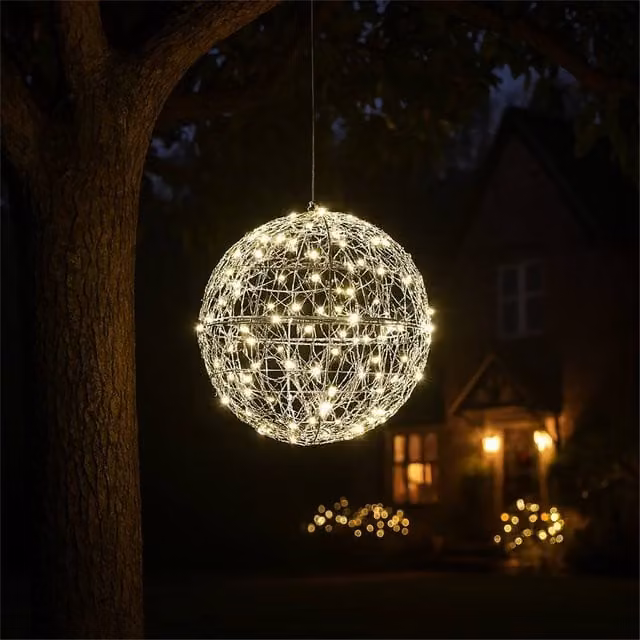 Xmas Haus Silver LED Christmas Hanging Ball with Warm White Light, 30 cm