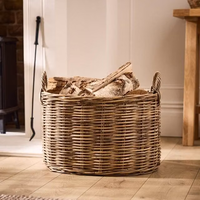 Dibor Azara Oval Log Basket, Natural Brown and Beige Open Weave Rattan, H: 39 cm, L: 56 cm, W: 45 cm