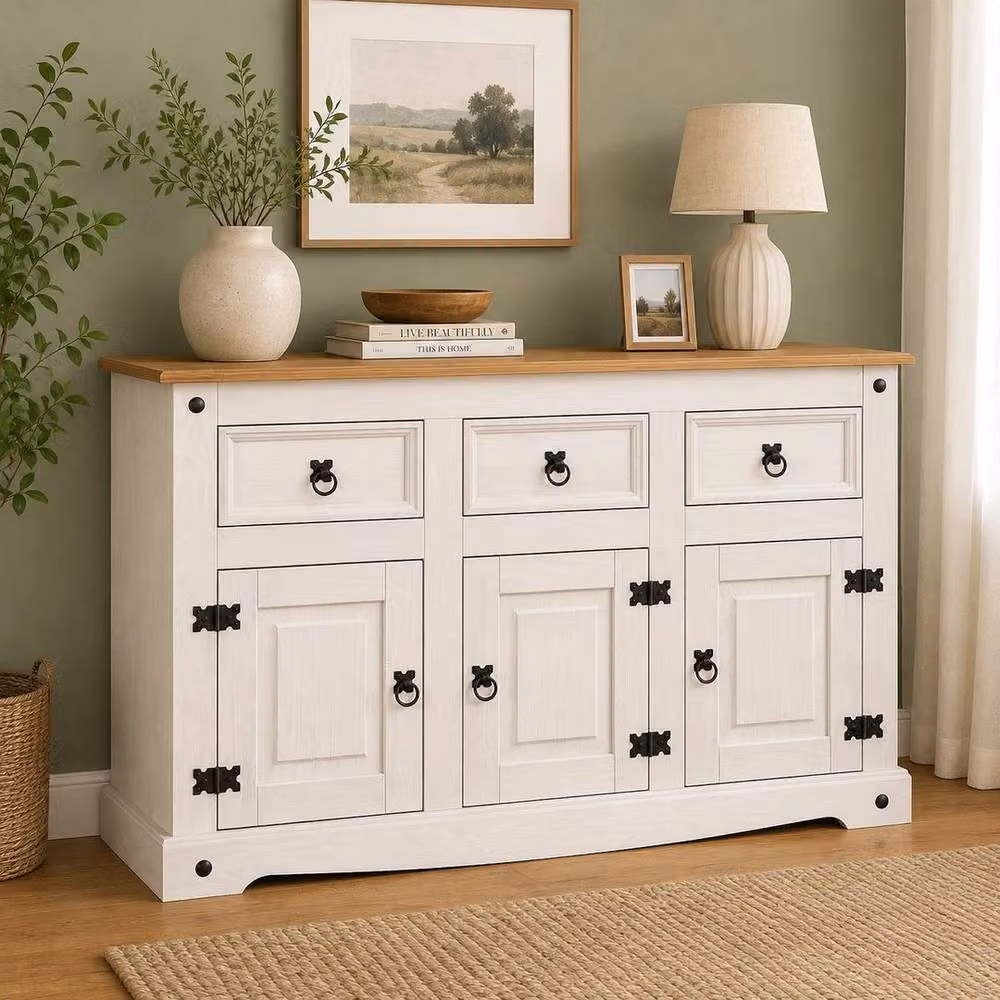 Hinsinc White Mexican Style Rustic Pine 3 Door 3 Drawer Sideboard W/D/H: 125.0 x 76.0 x 0.6 cm – 2