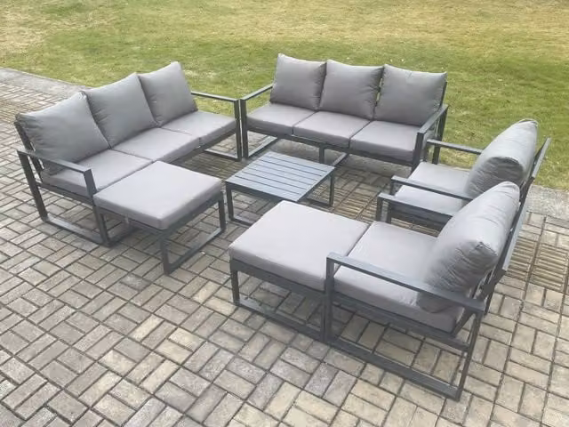 Fimous Modern Powder Coated Aluminium Garden Lounge Sofa Set in Dark Grey with Coffee Table, 2 Armchairs and 2 Ottomans