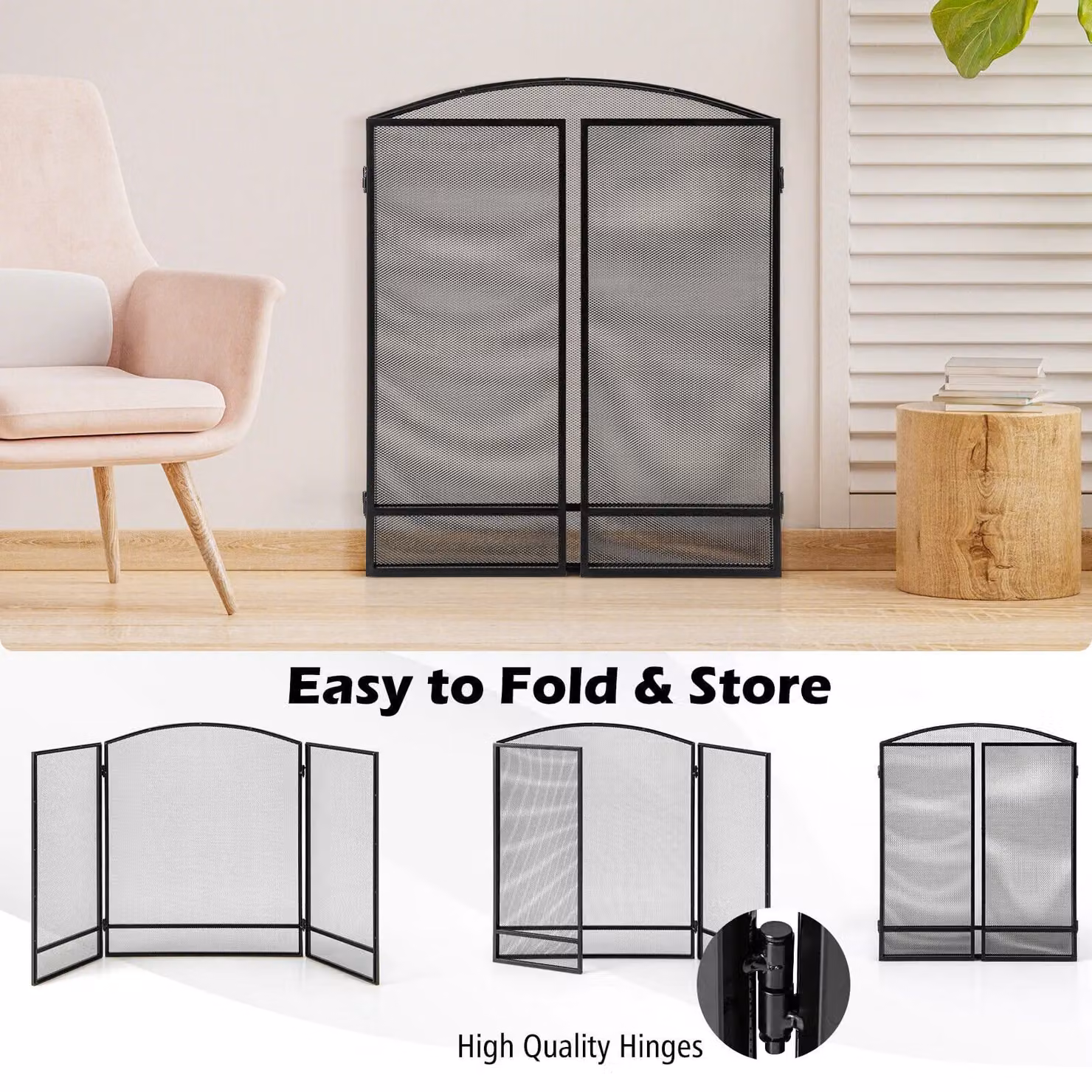 Costway 3 Panel Folding Fireplace Screen Wrought Iron Furnace Protector Spark Guard in Black – 4