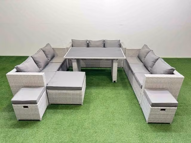 Fimous Modern Rattan Garden Furniture Set with 3 Stools in Light Grey and Black