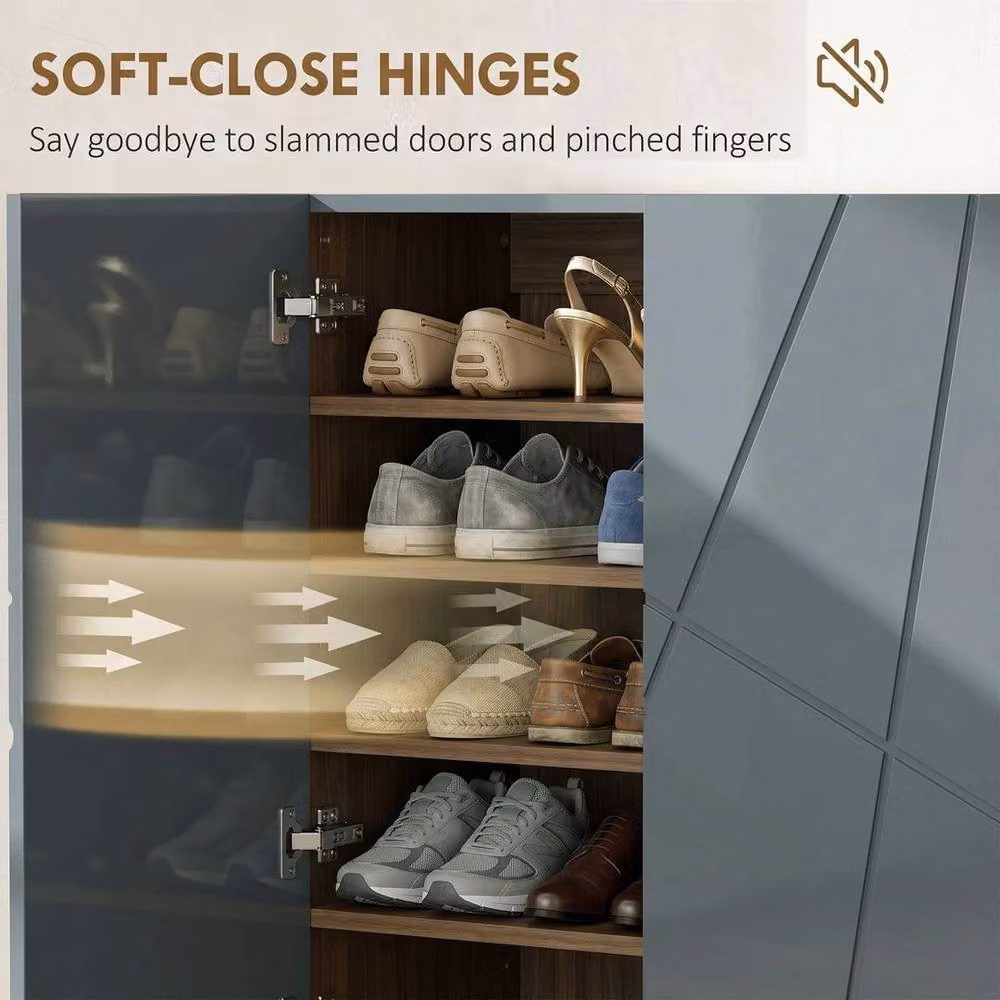 NESTLUNE Grey Glossy Shoe Storage Cabinet with Soft-Close Hinged Doors and Internal Shelves, W: 100 cm, D: 15 cm, H: 80 cm – 3
