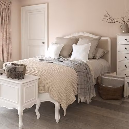 Statement Furniture Juliette French Style King Bed in White with Upholstered Fabric Headboard and Pine Wood Frame, H 216 cm x W 160 cm x D 200 cm – 1