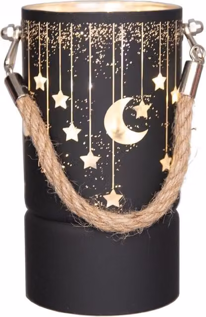 Shatchi Black and Gold Christmas Decorated LED Glass Lantern Vase with Moon and Stars Design, Height: 22 cm – 4