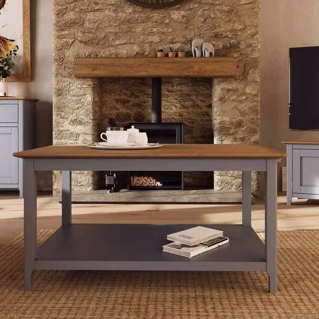 FORGEVIO Modern Rectangular Coffee Table with Oak Veneer Top and Shelf in Brown and Grey – 1