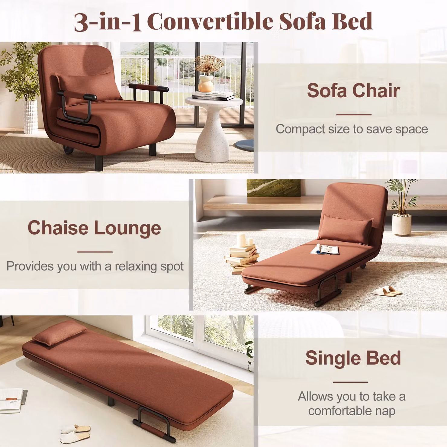 Costway Modern Fabric Single Folding Sofa Bed Chair in Dark Brown – 5