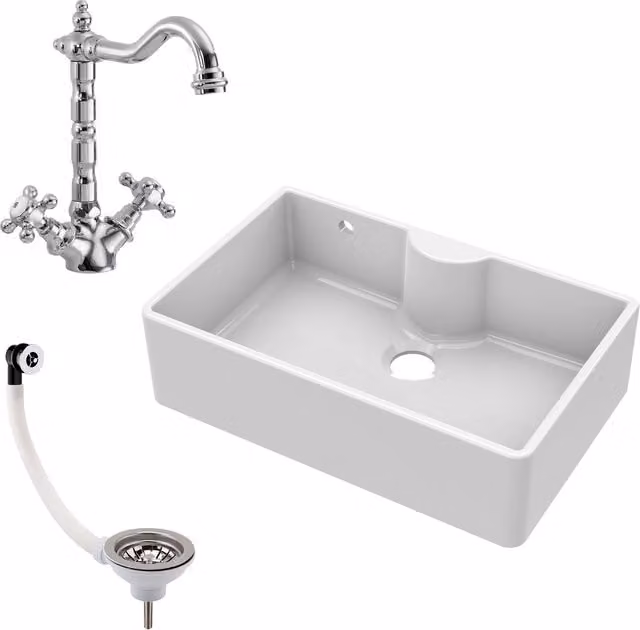 Balterley White Fireclay 1 Bowl Butler Sink with Overflow, Tap Ledge and Waste, Width: 795 mm – 1