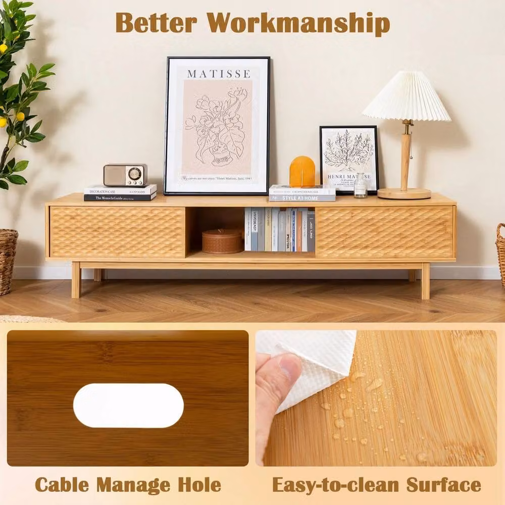 VOGREX Mid Century Bamboo TV Storage Cabinet in Beige, W: 160 cm, H: 38 cm, D: 40 cm – 3