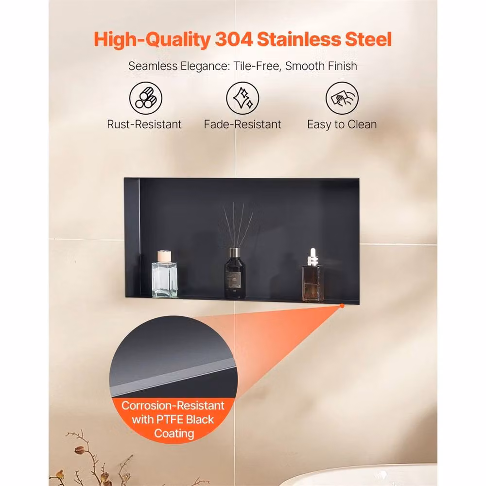 Kelvenix Frameless Recessed Stainless Steel Shower Niche in Black, W: 33 cm, D: 10.2 cm, H: 63.5 cm – 3