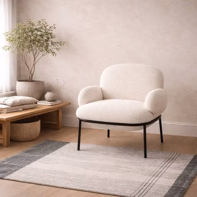 Wyld Haus Tritta Curved Ivory Sherpa Bouclé Accent Chair with Matt Black Metal Legs