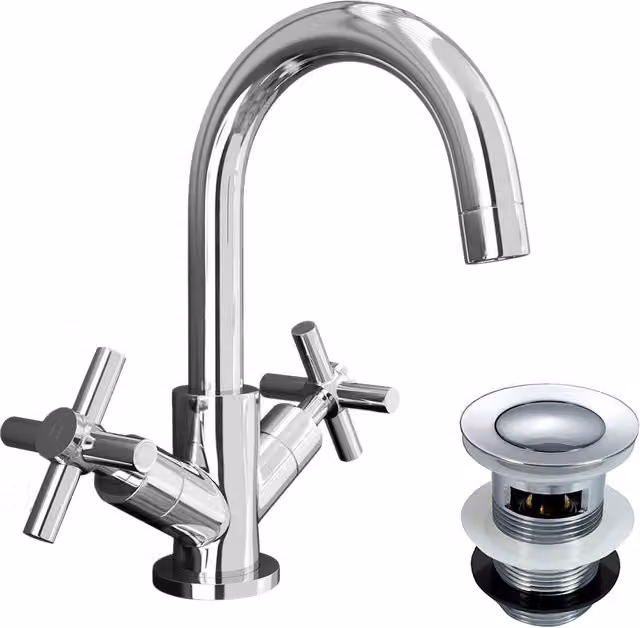 Nes Home Chrome Mono Basin Mixer Tap with Two Handles and Pop Up Waste in Silver