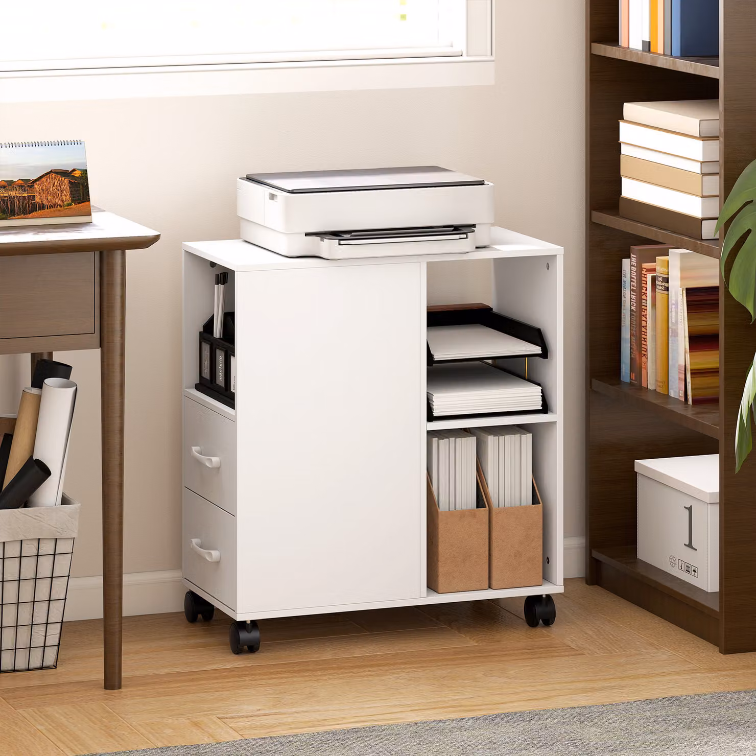 HOMCOM Narrow Mobile Printer Table with Wheels and Drawers, White, W/D/H: 30 x 60 x 65 cm – 2