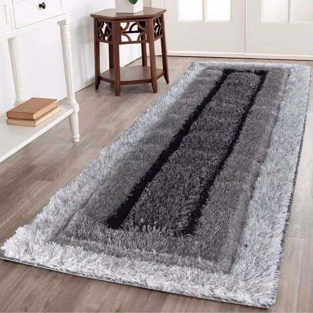 Desire Rugs Modern Soft Bordered Shimmer Shaggy Grey Runner, W: 60 cm, L: 220 cm