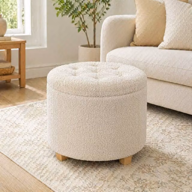 STILVORA Storage Stool with Padded Bouclé Seat in Beige