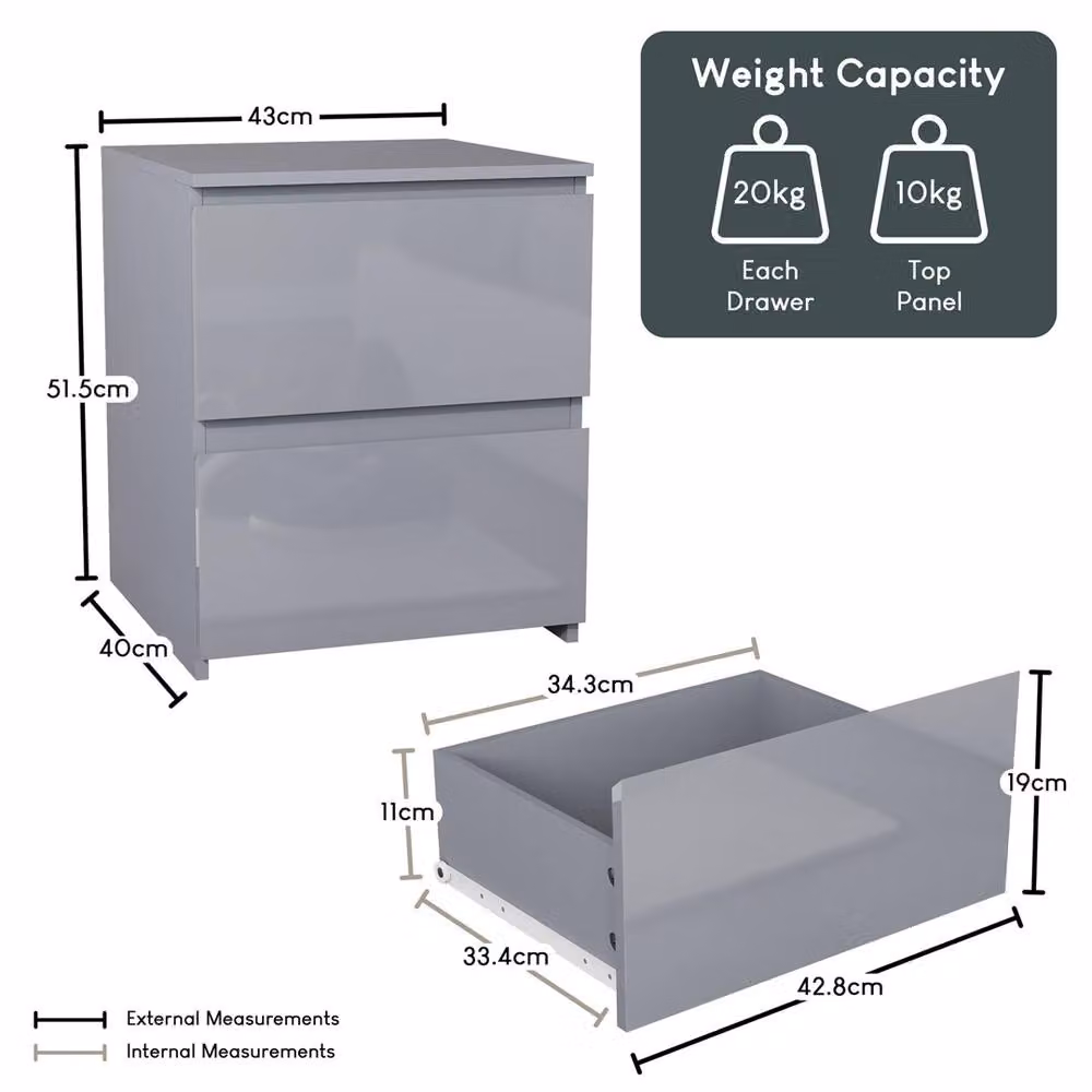 FORGEVIO Modern 2 Drawer Wooden Bedside Chest of Drawers in Grey – 2