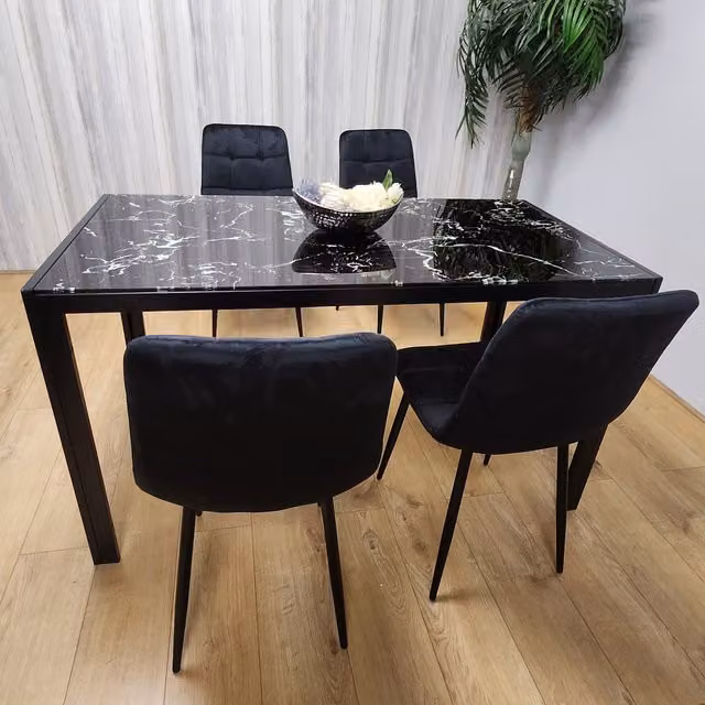 Kosy Koala Modern Dining Set with Rectangular Black Marble Effect Table and 4 Black Velvet Chairs