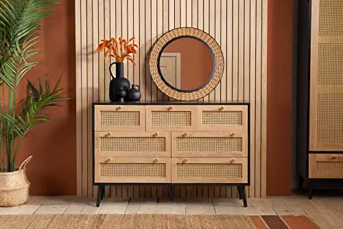 Birlea Croxley Mid Century Modern 7 Drawer Rattan Chest of Drawers in Black Oak and Gold – 2