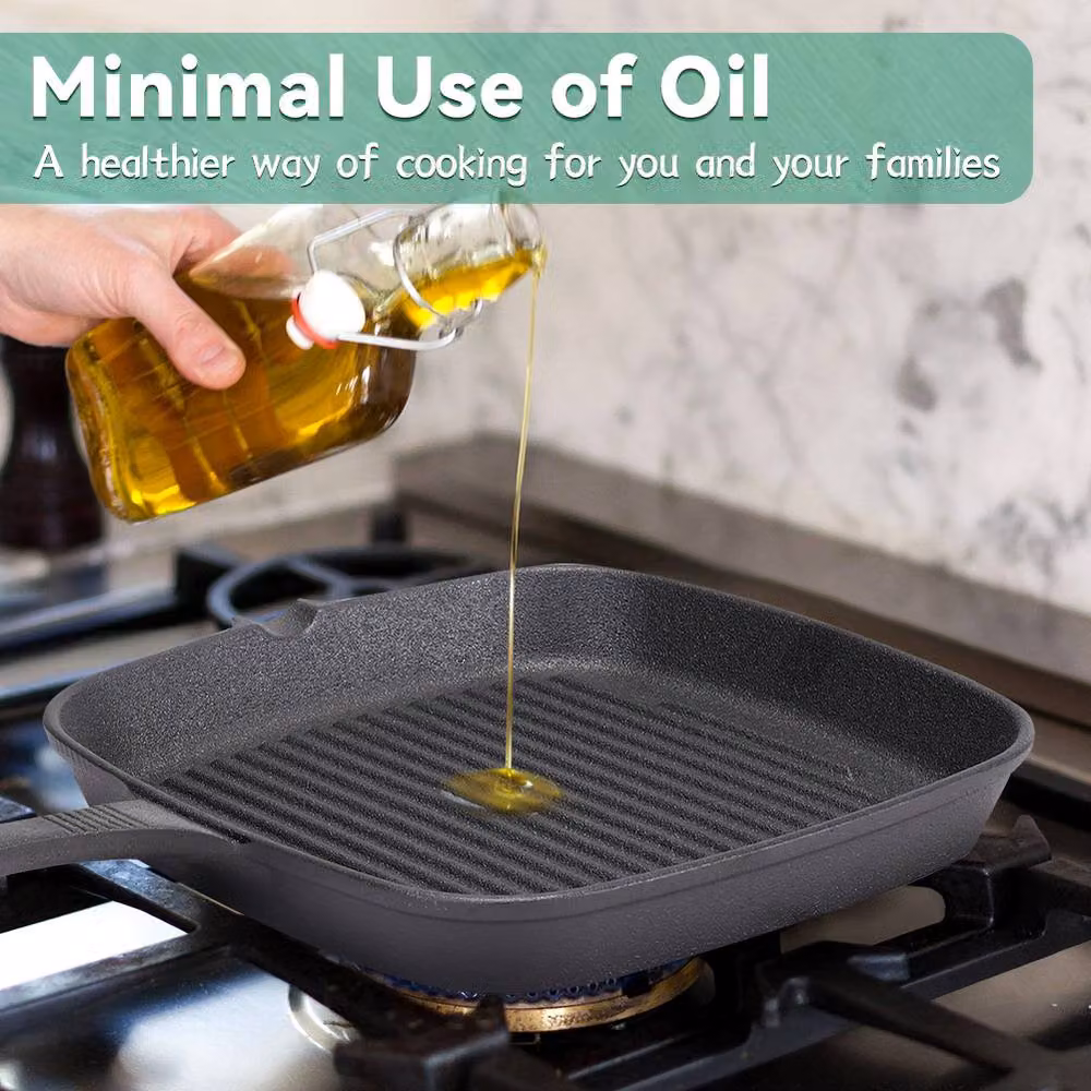 Living and Home Cast Iron Square Grill Griddle Pan with Pouring Spout in Black – 5