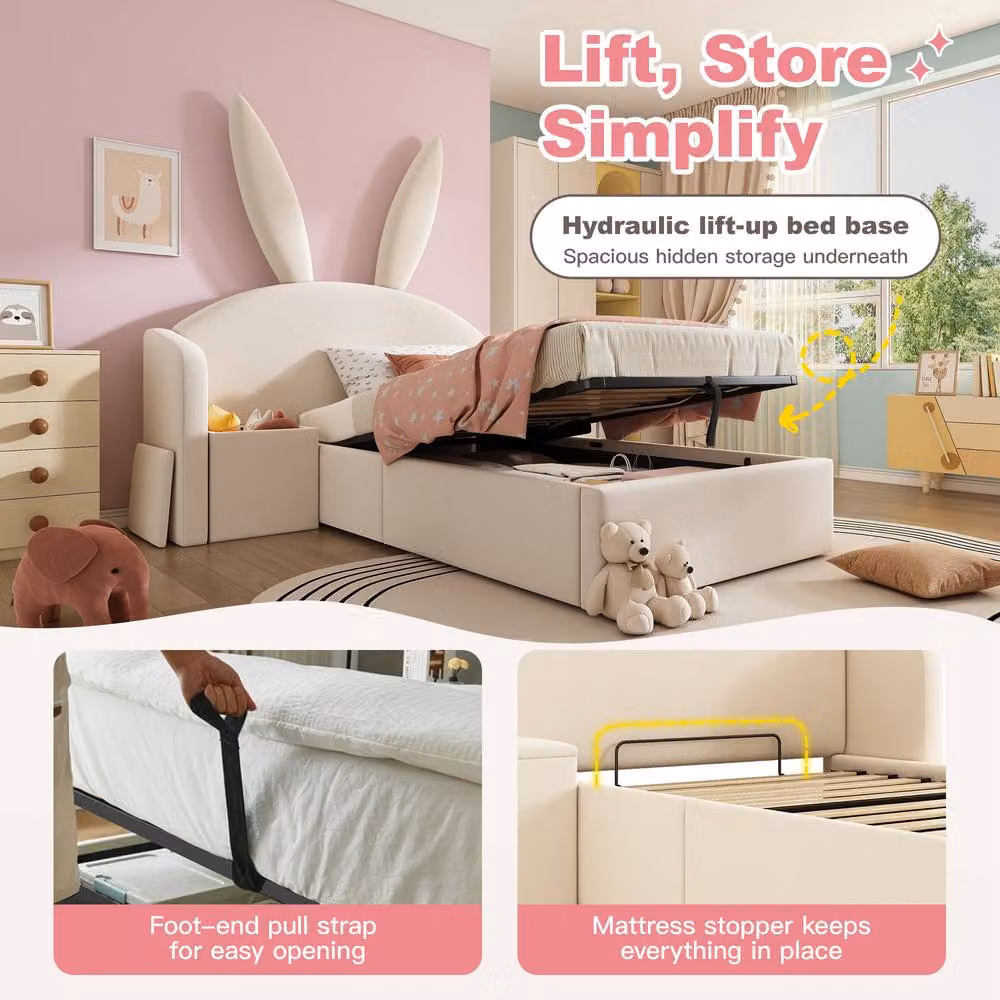 Matteo Girl's Bunny Ears Kids Bed with Upholstered Storage and Nightstand, Beige, W/D/H: 90 x 190 cm – 3